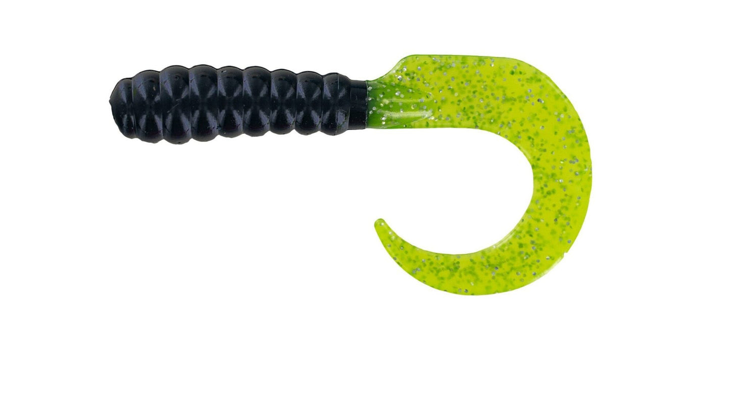 Big Bite Curl Tail Grub 2in 10ct Black/Chartreuse.Silver