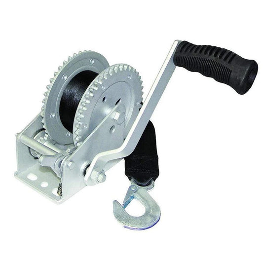 TH Marine Trailer Winch 1000 Lb , 2-Way, Dichromate, With 2in X 20ft Strap & Zinc Hook W/Instruction Sheet